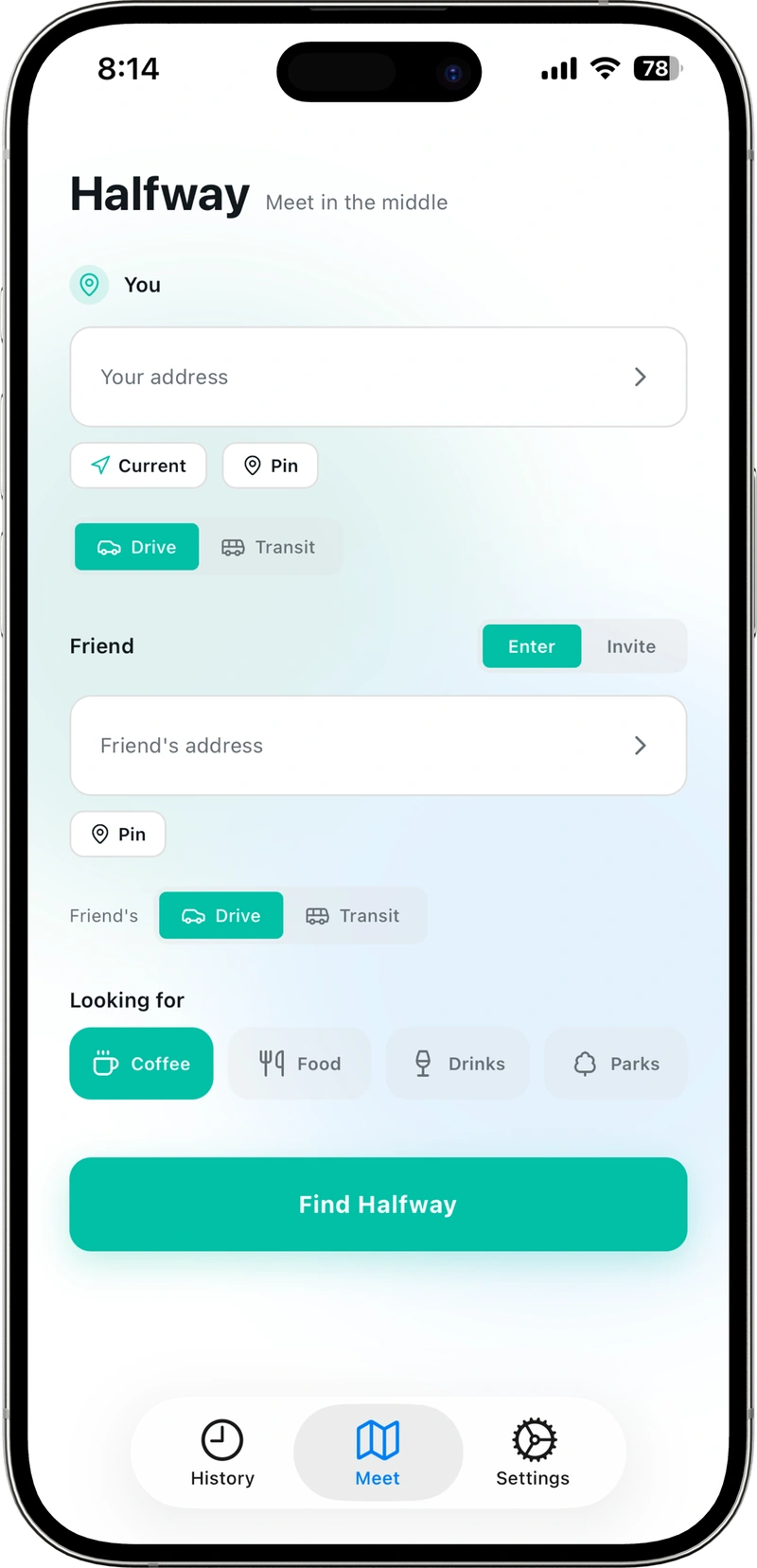 Halfway app showing a meeting spot between two friends